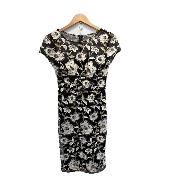 David Meister Floral Embroidered Midi Dress 6 Black White Gold Cocktail Formal - Picture 2 of 13